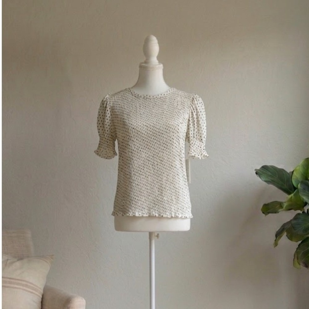 Time and Tru Smocked Top L White Polka Dot Puff Sleeve Blouse Romantic Feminine